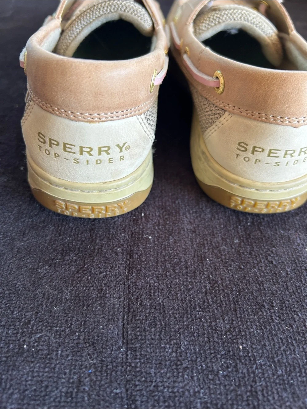 Sperry Kids Tan Leather Moccasins with Pink & Green Stripe